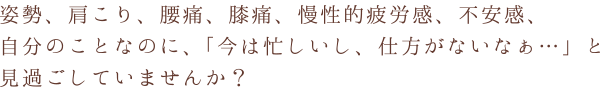 姿勢、肩こり、腰痛、膝痛、慢性的疲労感、不安感、自分のことなのに、「今は忙しいし、仕方がないなぁ…」と見過ごしていませんか？
